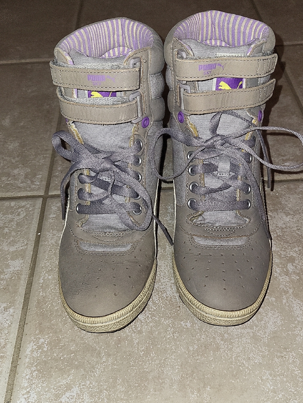 Puma Gray High-Top Sneakers with Hidden Wedge & Purple Striped Lining